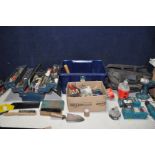 THREE BOXES AND A BAG OF TOOLS to include hammers, spanners, wire brushes, screwdrivers, blades,