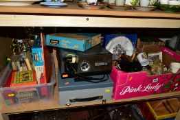 FOUR BOXES AND LOOSE SLIDE PROJECTOR, BOOKS AND EPHEMERA, VINTAGE GAMES AND SUNDRY ITEMS, to include