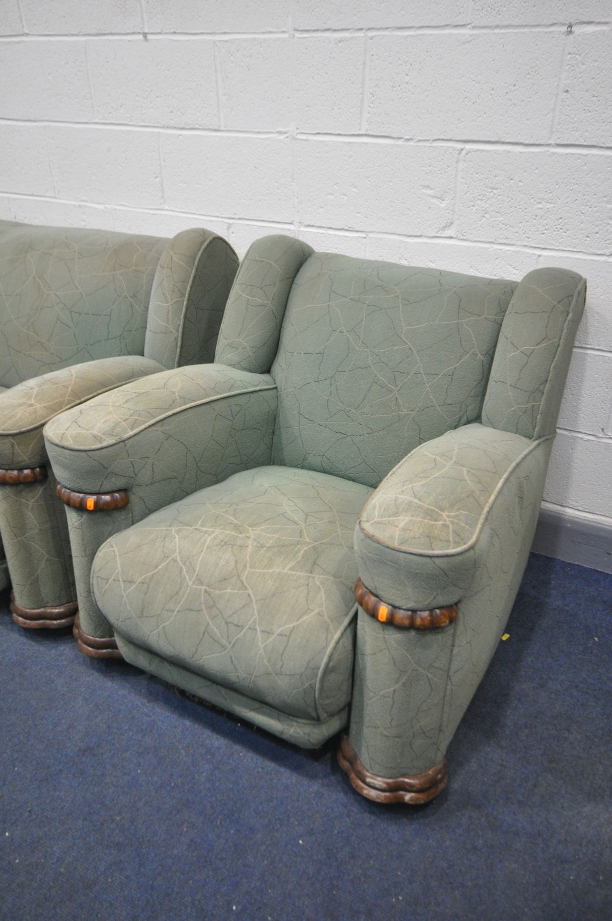 AN ART DECO THREE PIECE LOUNGE SUITE, with its original veined effect green upholstery, comprising a - Image 2 of 2