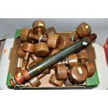 EIGHT PAIRS OF VINTAGE WOODEN DUMBELLS, remains of some paint to the handles, approximate length