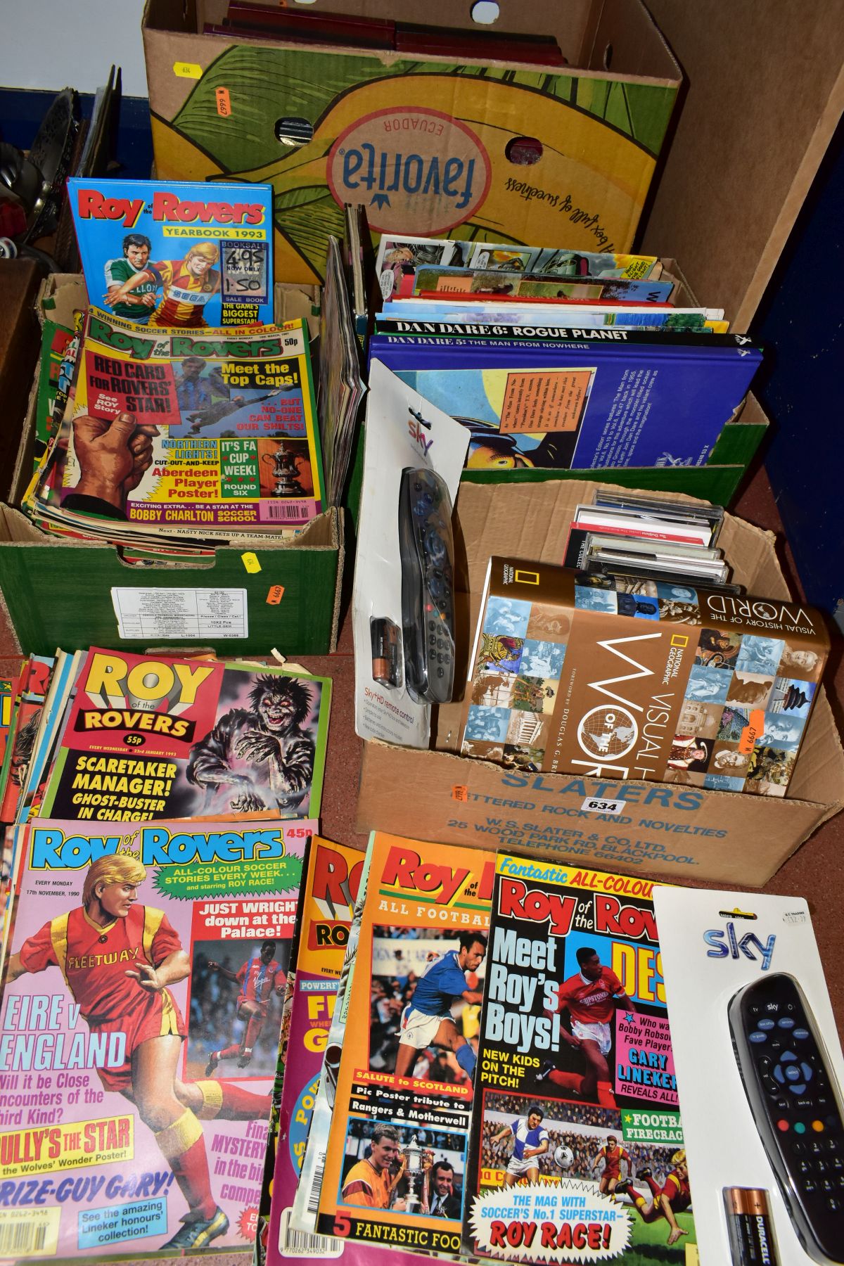 FIVE BOXES OF BOOKS, COMICS, CDS AND SUNDRY ITEMS, approximately fifty five books including two