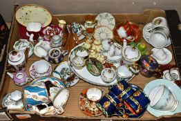 TWO BOXES OF SMALL ORNAMENTS, CUPS AND SAUCERS, HALCYON DAYS ENAMEL BOXES, ETC, including a