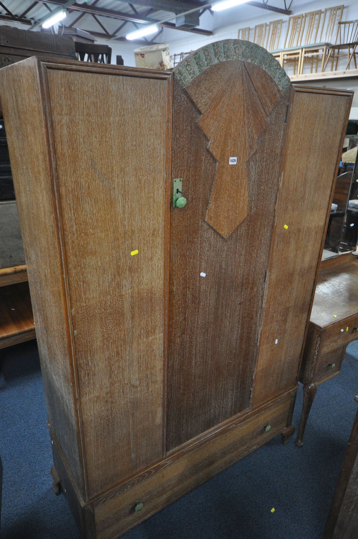 AN ART DECO LIMED OAK BEDROOM SUITE, comprising a single door wardrobe, with a single drawer, - Image 2 of 4