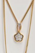 A MODERN 18CT GOLD DIAMOND CLUSTER DROP PENDANT AND CHAIN, a round flower cluster of brilliant cut