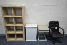 A MODERN BEECH FINISH OPEN SHELVING UNIT, width 39cm x depth 39cm x height 150cm, a painted school