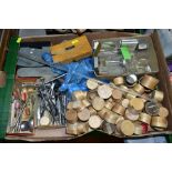 A BOX OF VINTAGE DENTAL TOOLS AND SUNDRY ITEMS ETC, to include a quantity of dental probes, glass