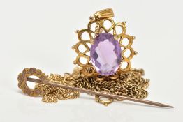 A 9CT GOLD AMETHYST PENDANT, 9CT GOLD STICK PIN AND YELLOW METAL CHAIN, a yellow gold open work