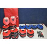 A SELECTION OF SELF DEFENCE EQUIPMENT comprising of eleven pairs of boxing/punching mitts, a pair of