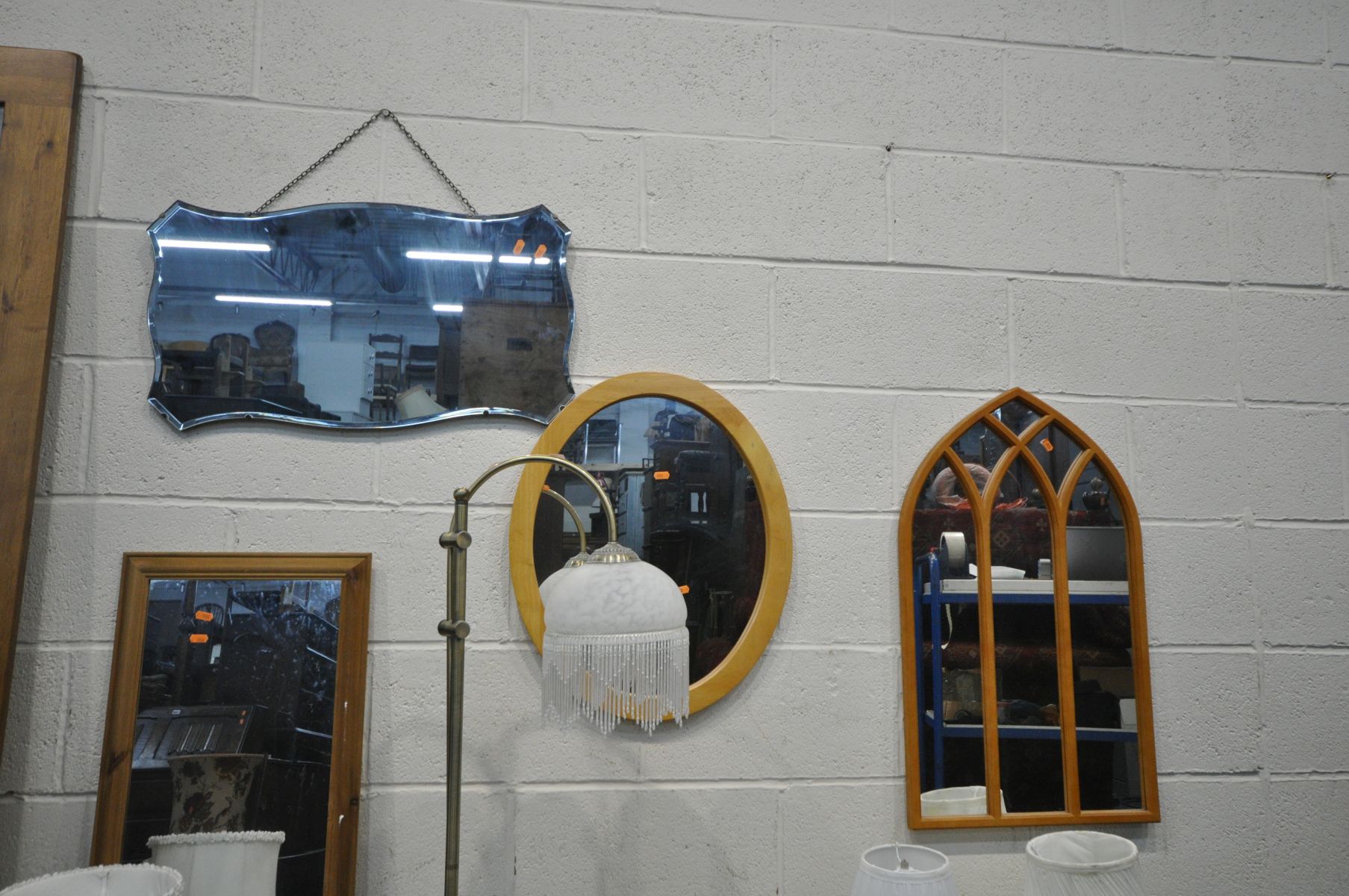 A SOLID OAK RECTANGULAR WALL MIRROR, 180cm x 60cm, four other wall mirrors, five various table - Image 5 of 6