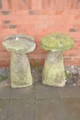 TWO COMPOSITE STADDLE STONE BASES one with a round sandstone top (with some age) the other with a