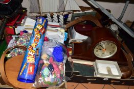 FOUR BOXES OF NEEDLEWORK EQUIPMENT, PRINTED EPHEMERA, MAHOGANY CASED DOME TOP MANTEL CLOCK, MODEL