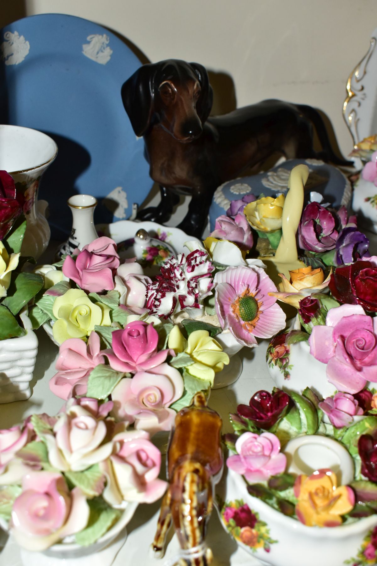 A GROUP OF CERAMIC ORNAMENTS, to include five Royal Albert Old Country Roses modelled posy - Image 2 of 4