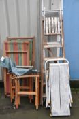TWO VINTAGE DECK CHAIRS with striped fabric seats, four ladders, two aluminium, one wooden and one