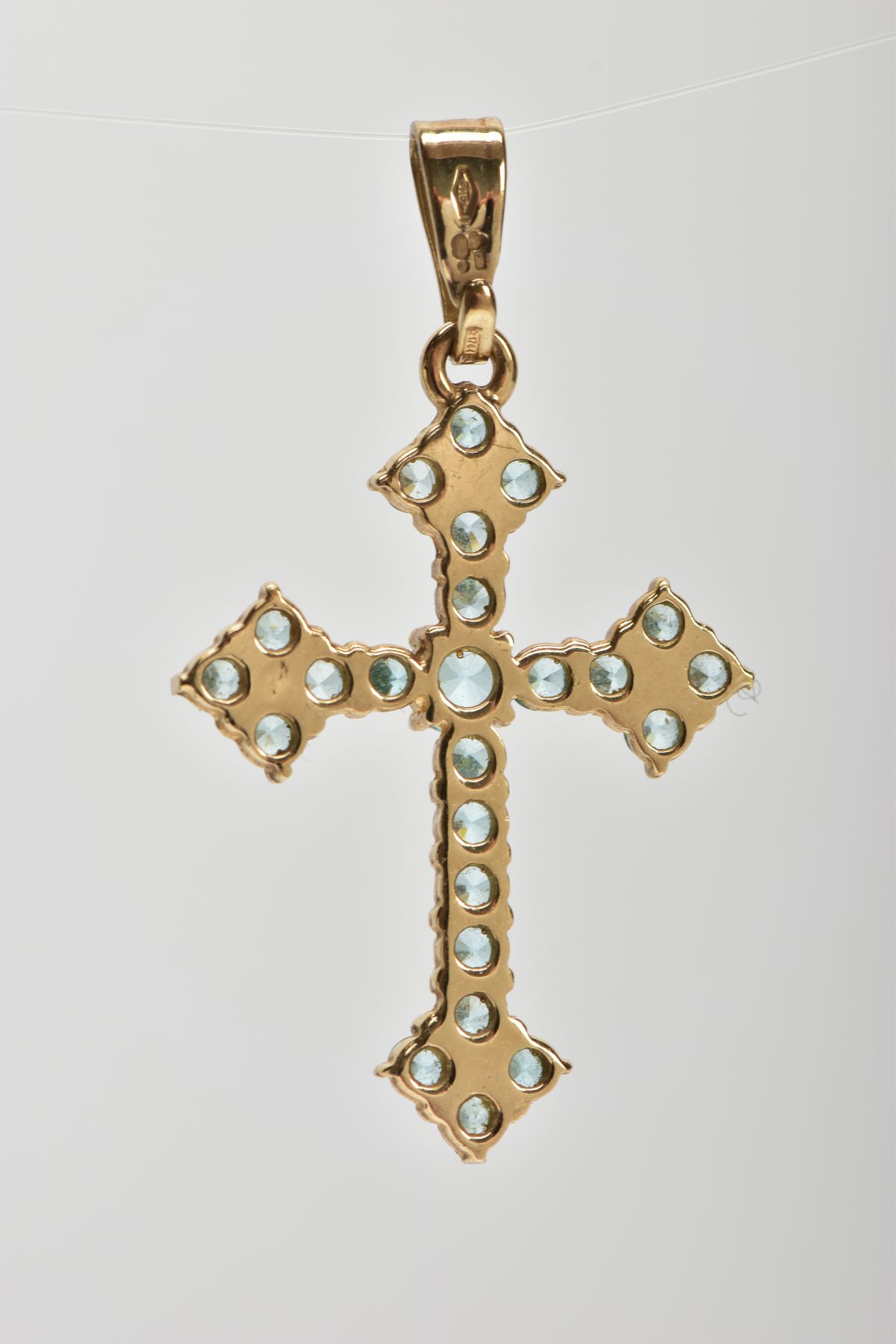 A 9CT GOLD TOPAZ CROSS PENDANT, twenty four circular cut topaz stones prong set in yellow gold, - Image 3 of 3