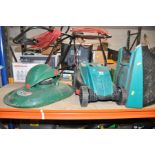 A BOSCH LAWN MOWER with grassbox model No ROTAK32R and a Qualcast electric lawn mower model No