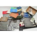 A QUANTITY OF COINS, COIN ALBUMS WITH SILVER CONTENT COINS, COMMEMORATIVES, BANKNOTES ETC, to