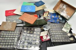 A QUANTITY OF COINS, COIN ALBUMS WITH SILVER CONTENT COINS, COMMEMORATIVES, BANKNOTES ETC, to