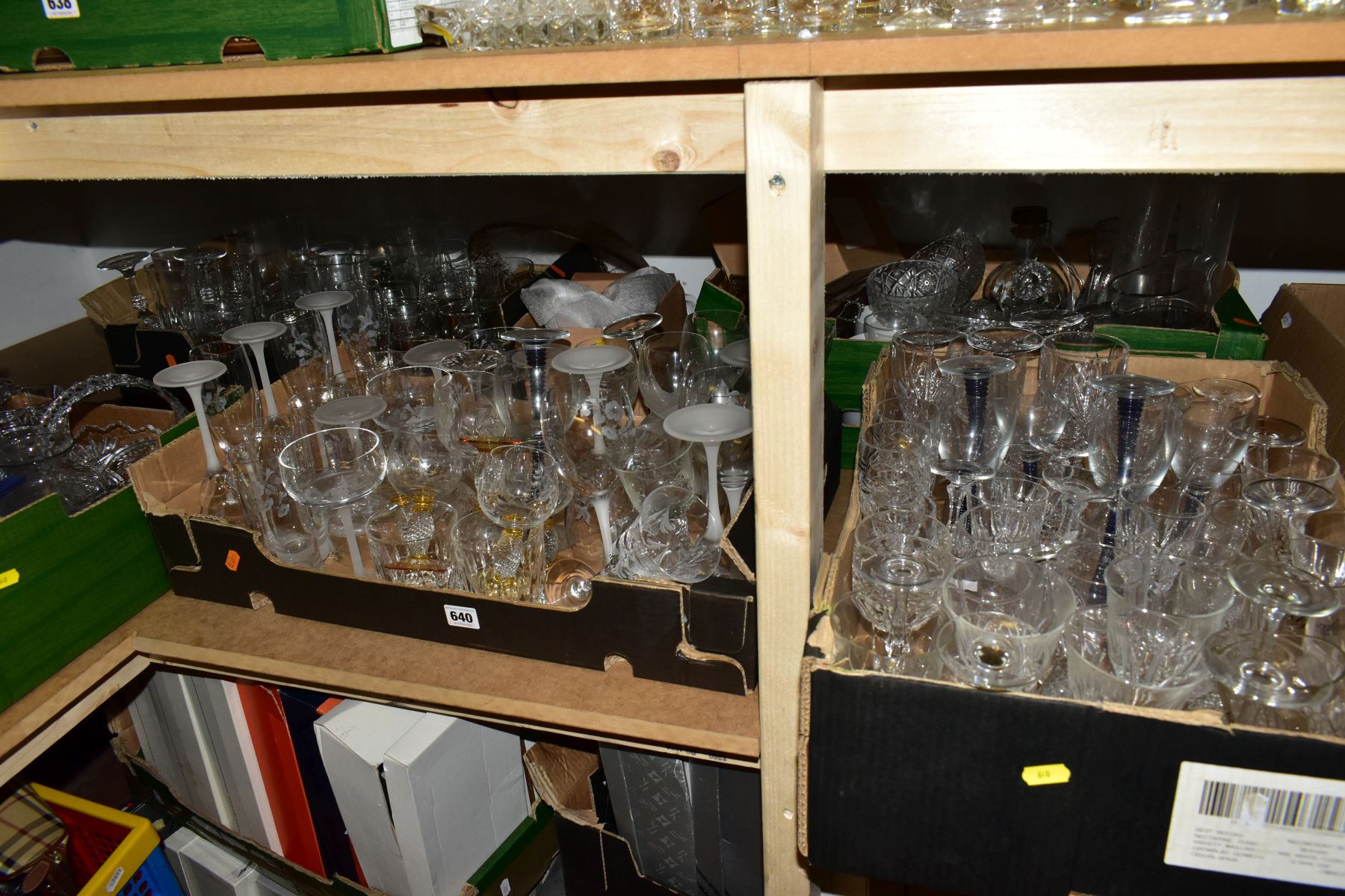 FIVE BOXES OF GLASS WARES, to include a quantity of drinking glasses, mainly in sets including a
