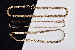 THREE 9CT GOLD BRACELETS, the first a tri-colour plaited bracelet fitted with a spring clasp