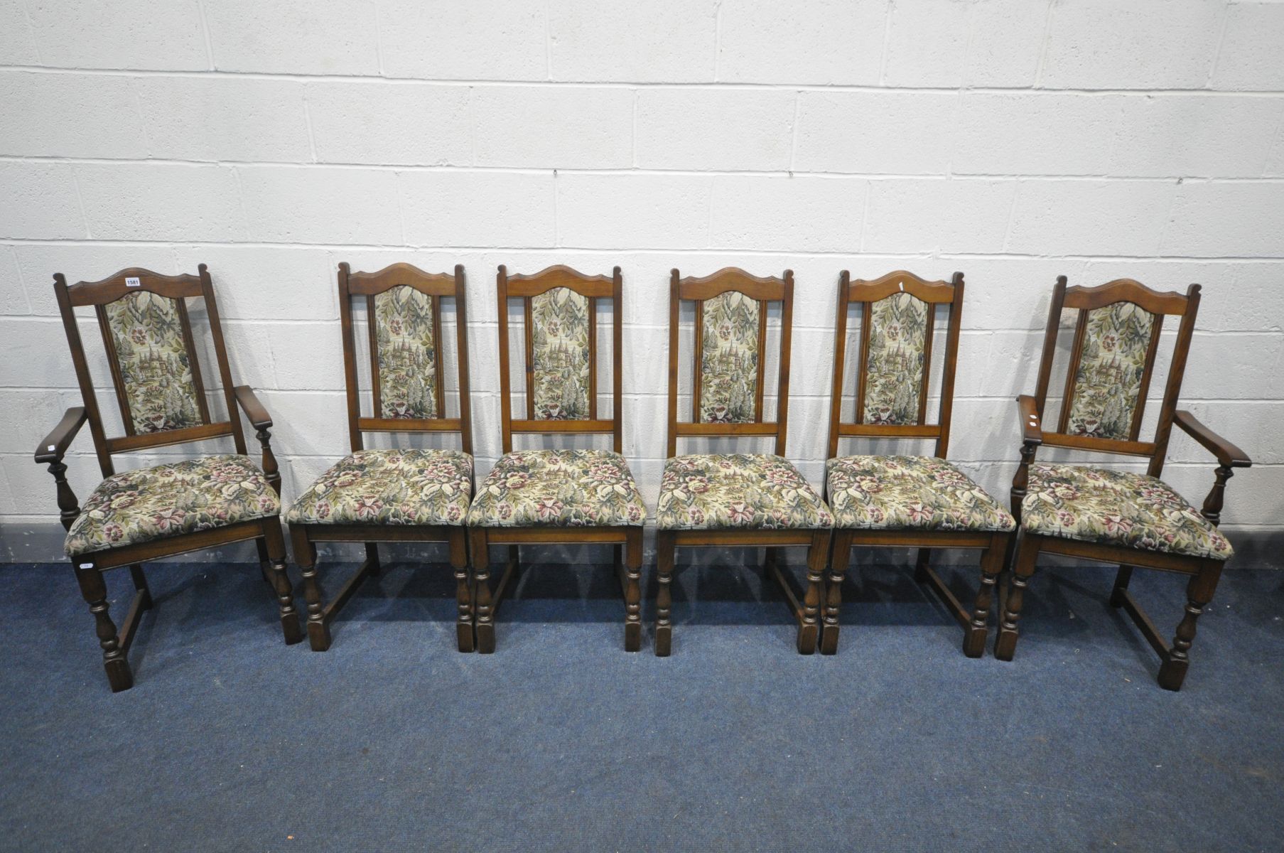SIX OLD CHARM OAK DINING CHAIRS, to include two carvers