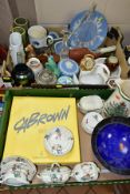 TWO BOXES OF ASSORTED CERAMICS AND GLASSWARE INCLUDING SPODE, WEDGWOOD AND ROYAL CROWN DERBY, a
