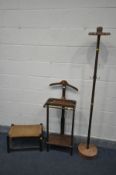 AN OAK VELET STAND, along with a bespoke brass coat/hat stand (one missing hook) and a footstool (