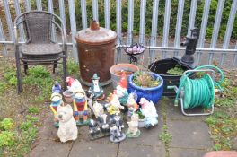SIXTEEN COMPOSITE AND PLASTIC GARDEN FIGURES, a galvanised fire bin, two garden chairs, two plant