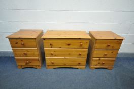 A MODERN PINE CHEST OF THREE LONG DRAWERS, width 83cm x depth 44cm x height 69cm, and a matching
