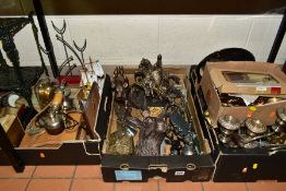 FOUR BOXES OF METALWARES AND SUNDRY ITEMS, to include plated trays, candelabrum and other items, a