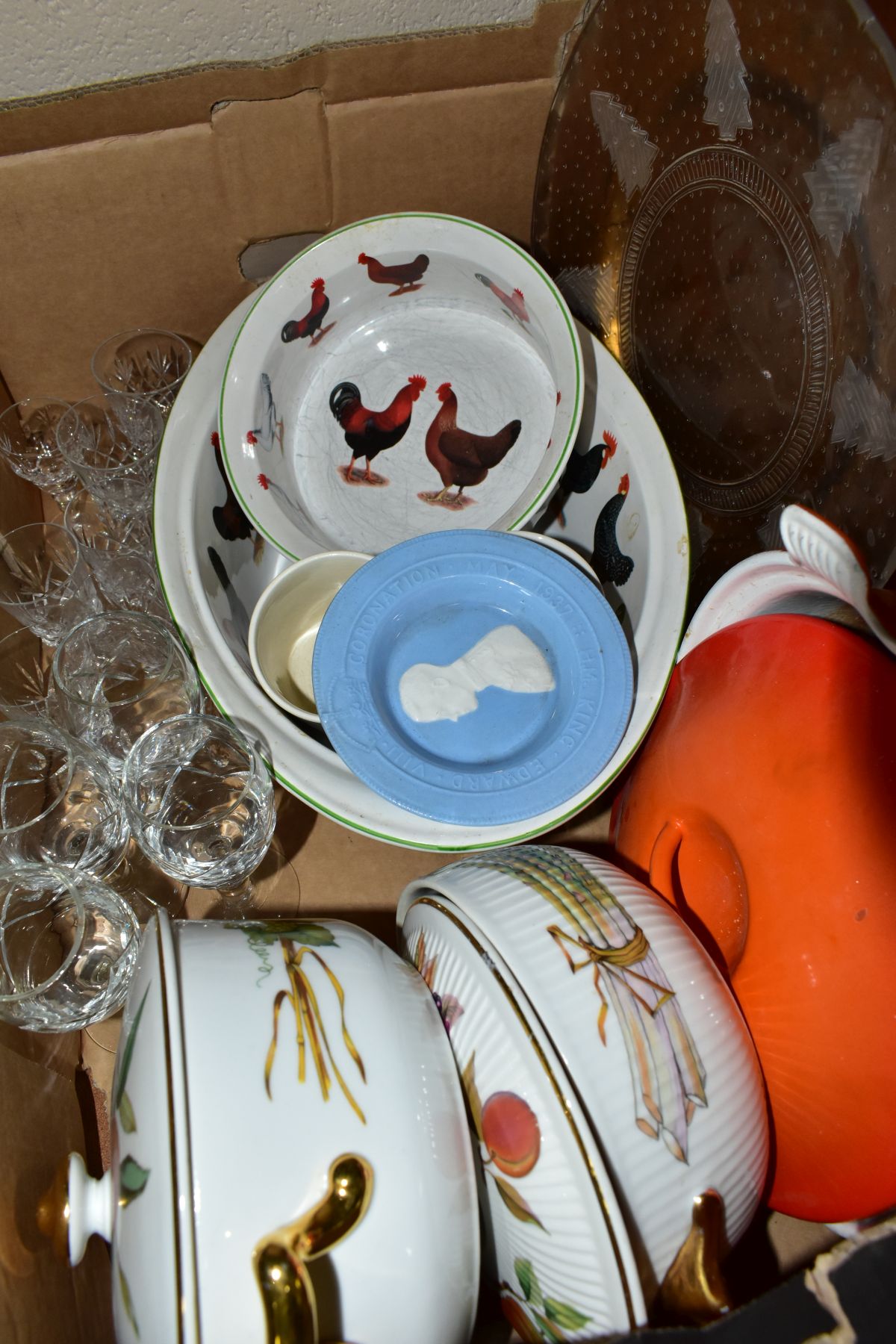 TWO BOXES OF GLASSWARE AND CERAMICS, ETC, including a well-used 22cm Le Creuset orange and white - Image 3 of 3