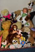 TWO BOXES OF TEDDY BEARS, SOFT TOYS AND DOLLS, to include a wood wool stuffed jointed monkey (sd), a