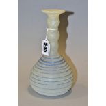 A ROMAN STYLE ONION SHAPED GLASS VASE, the textured opaque ground with a bobbin shaped neck above