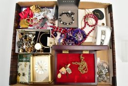 A BOX OF ASSORTED SILVER/WHITE METAL JEWELLERY AND OTHER ITEMS, to include a silver marcasite set