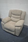 AN BEIGE UPHOLSTERED RECLINING ARMCHAIR (PAT pass and working)