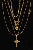 TWO 9CT GOLD PENDANT NECKLACES, the first a cross pendant set with single cut diamond detail, fitted