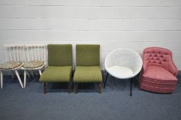 A MID-CENTURY WICKER SATALITE CHAIR, a pair of green upholstered chairs (the pair of chairs does not