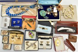 A BOX OF ASSORTED JEWELLERY AND WATCHES, to include a Sarah Cov brooch and single clip on earring, a