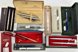 A BOX OF ASSORTED PENS, to include a Parker ball point and fountain pen, a rolled gold propelling