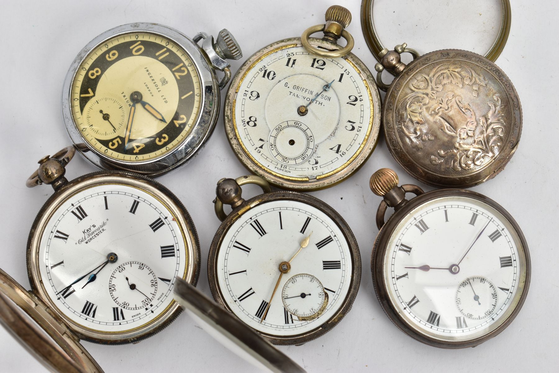 A BAG OF ASSORTED SILVER AND WHITE METAL POCKET WATCHES, to include a silver 'Kay's' open face - Image 6 of 10