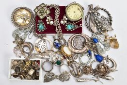 A BAG OF ASSORTED SILVER AND WHITE METAL JEWELLERY, to include a small box of charms some stamped '