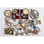 A BAG OF ASSORTED SILVER AND WHITE METAL JEWELLERY, to include a small box of charms some stamped '