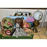 A BOX AND LOOSE RESIN ANIMAL MASKS, ZOMBIE HEAD, BOTTLE STOPPERS, ETC, including a painted plaster