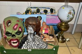 A BOX AND LOOSE RESIN ANIMAL MASKS, ZOMBIE HEAD, BOTTLE STOPPERS, ETC, including a painted plaster