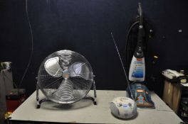A VAX RAPIDE DELUXE CARPET WASHER, a Roberts Zoombox 2 CD radio and an Easygoods 20in fan (all PAT
