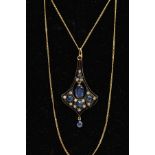 A GEM SET PENDANT NECKLACE, the pendant of a drop fan shape, set centrally with an oval cut sapphire