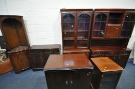 A LARGE SELECTION OF MAHOGANY LOUNGE/DINING FURNITURE, to include a glazed bookcase, open corner