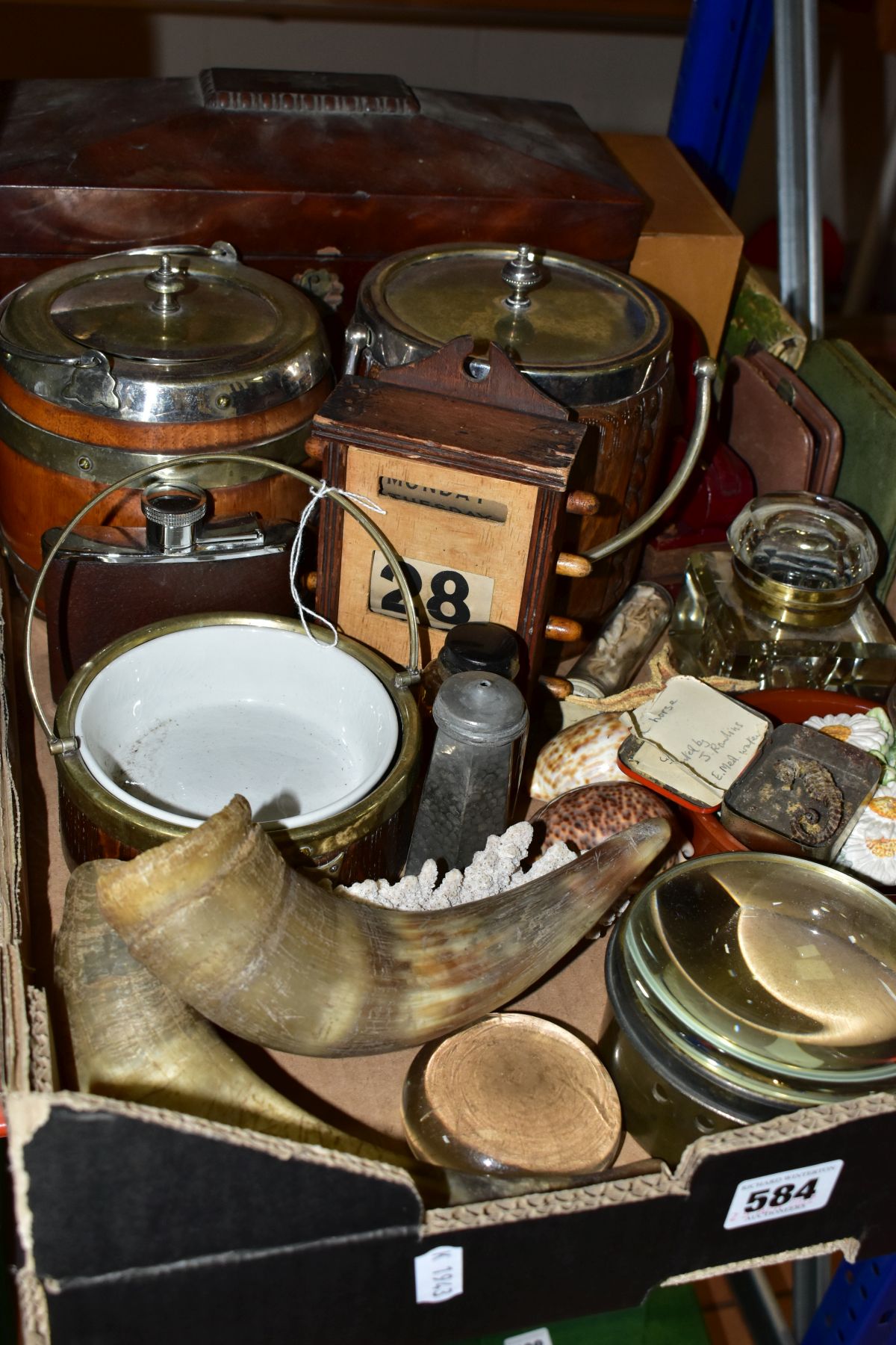 A BOX OF TREEN, ASSORTED NATURAL AND VINTAGE ITEMS, to include a large tea caddy of sarcophagus form - Image 2 of 3