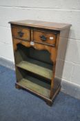 A REPRODUCTION WALNUT WILLIAM AND MARY STYLE OPEN BOOKCASE with two drawers, width 47cm x depth 26cm