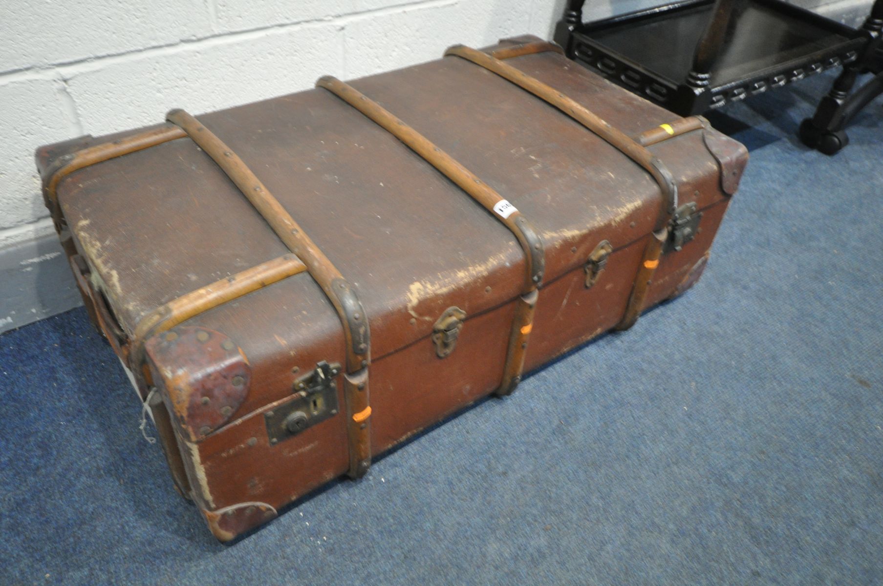 A VINTAGE TRAVELLING TRUNK, 97cm x depth 57cm, an ebonised drop leaf tea trolley, and an office - Image 2 of 2