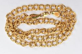 A YELLOW METAL FANCY LINK CHAIN, double circular link chain fitted with a lobster clasp, stamped 9k,